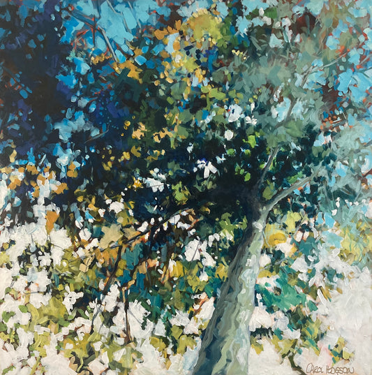 Acrylic painting of looking up in to a tree