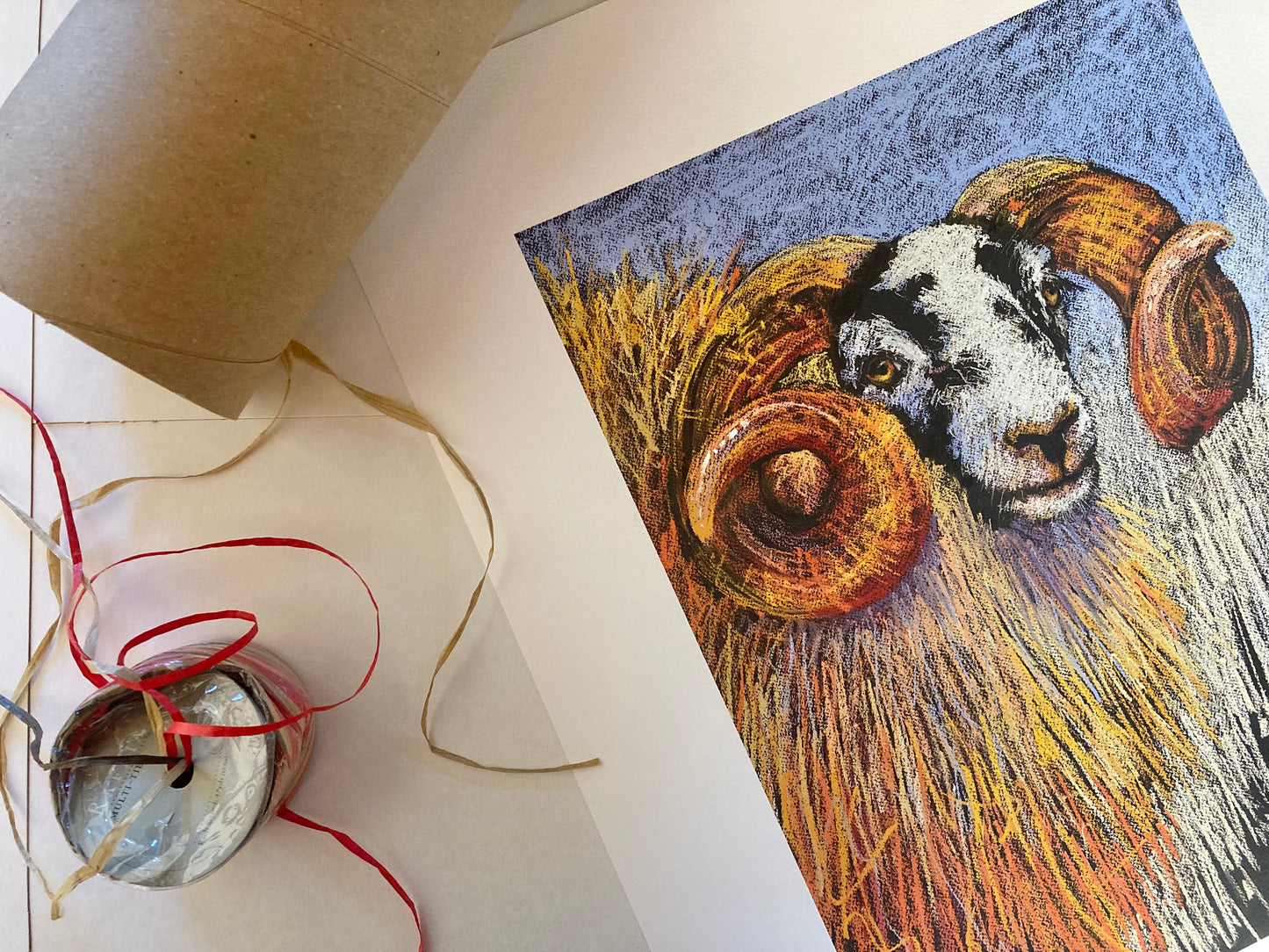 Sheep print with packaging materials.