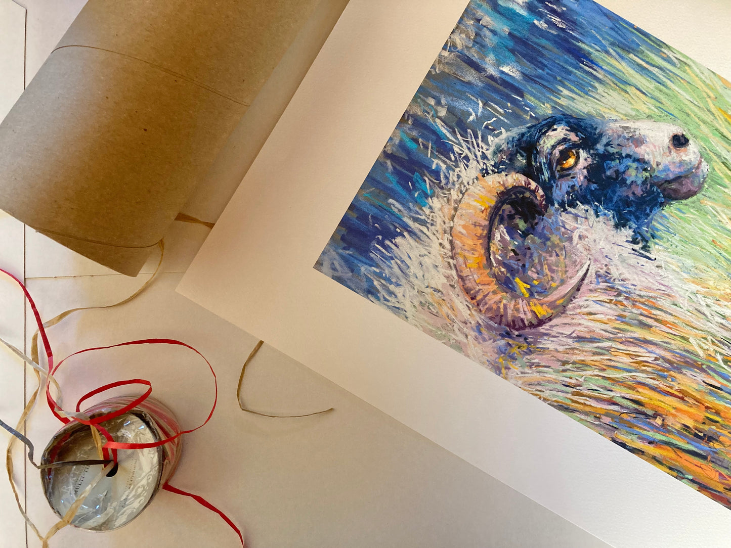 Sheep print with packaging materials.