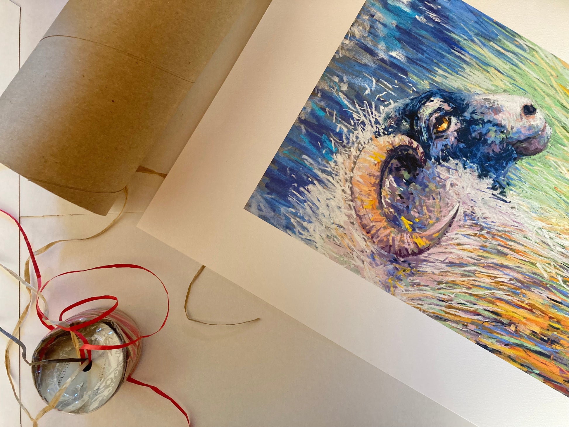 Sheep print with packaging materials.