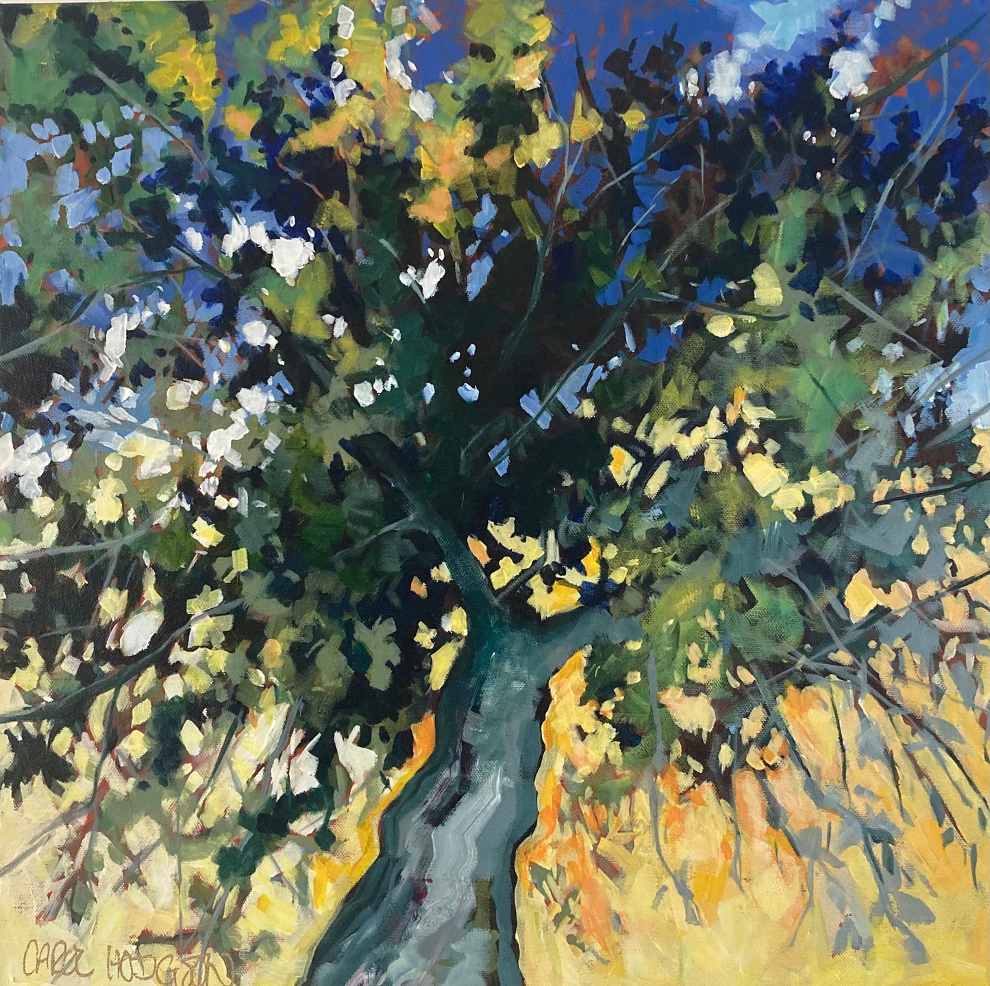 Image of acrylic painting of looking up into tree canopy.
