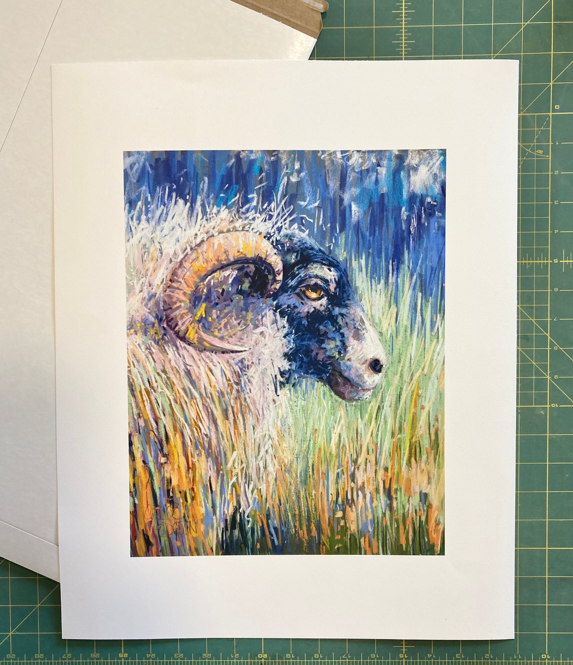 Sheep print on cutting board.