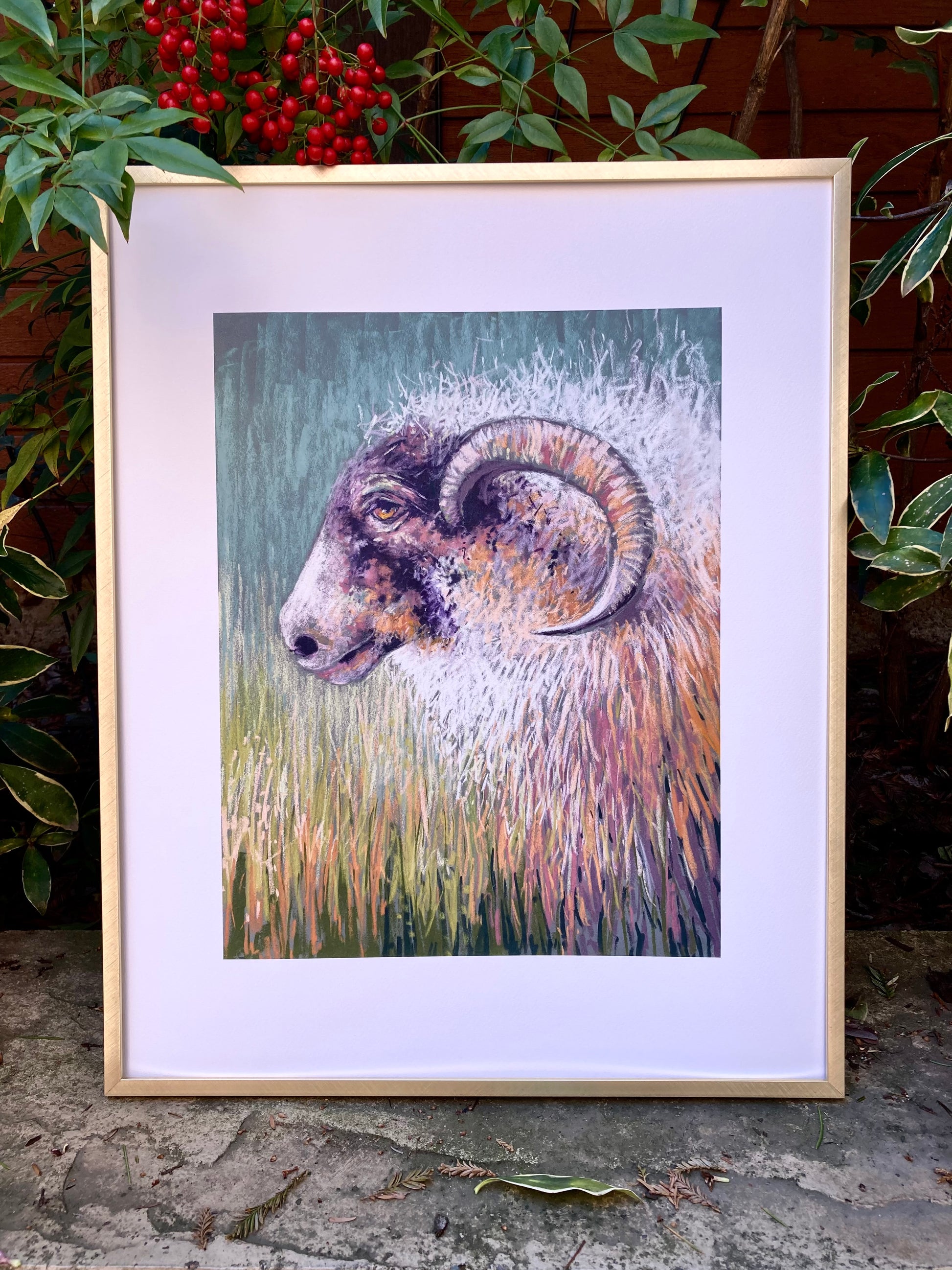 example. Sheep print in a gold frame.