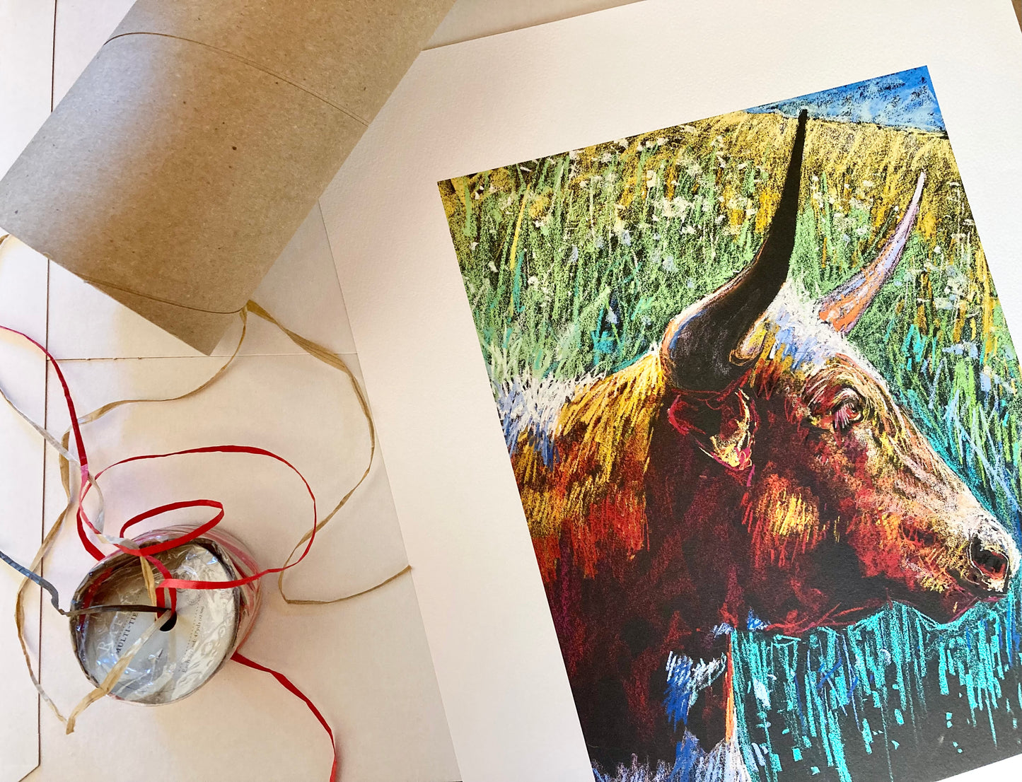 Longhorn meadow print with packaging materials