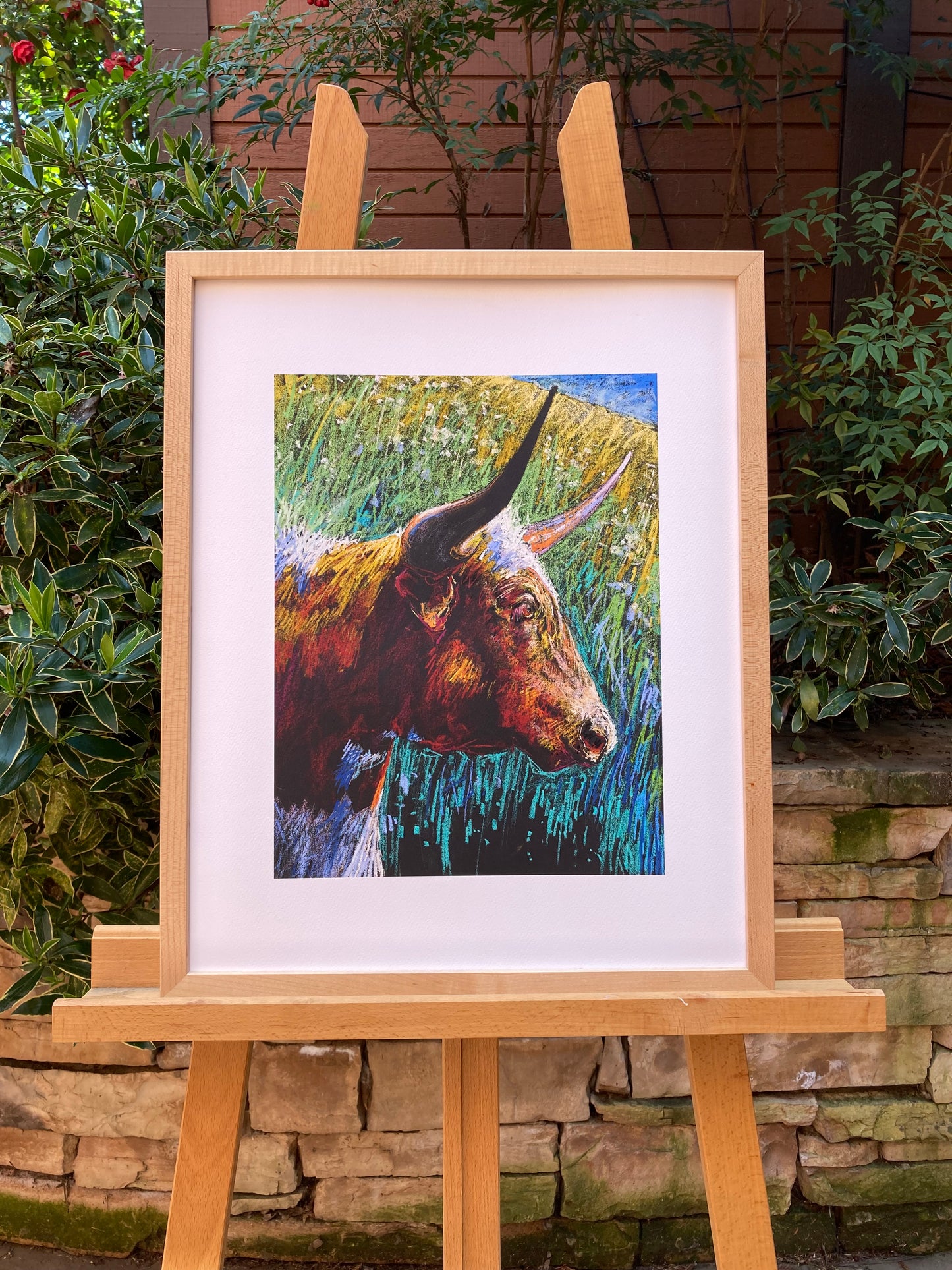 Example of Longhorn Cow print in wooden frame